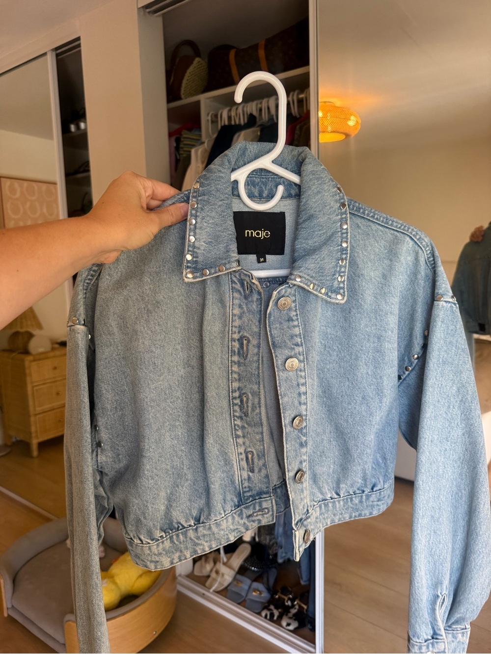 Maje Light Blue Stud-Trim Cropped Denim Jacket